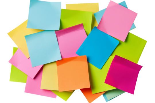 Assorted colorful sticky notes piled together, perfect for reminders, organization, and creative brainstorming ideas.
