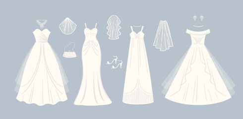 Wedding dresses and accessories. Vector isolated illustration. Design element for wedding concept and