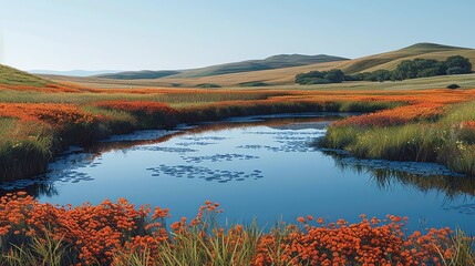 Naklejka premium Tranquil ponds nestled amidst rolling meadows, their still waters reflecting the vibrant colors of the surrounding foliage, a peaceful oasis in the heart of nature. Illustration, Minimalism,