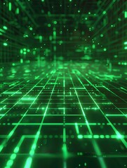 Minimalistic digital grid with glowing lines, Futuristic, Neon Green, Digital Illustration, Simple background with copy space