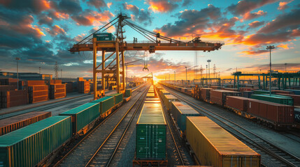 Fototapeta premium High crane with green cargo container in depot train warehouse with sky background. Business industrial and transportation concept.