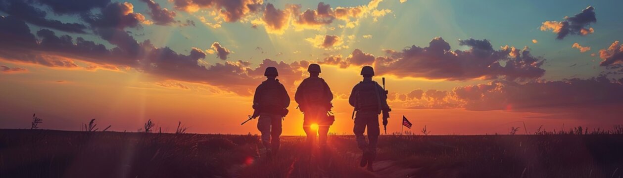 Silhouette of three soldiers walking at sunset across a field with vibrant colors in the sky, symbolizing bravery and camaraderie.