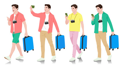 Young man tourist with camera and smartphone. Male in casual clothes with a suitcase, passport, and tickets. Young male traveler goes on a journey. Vector illustration set isolated on white