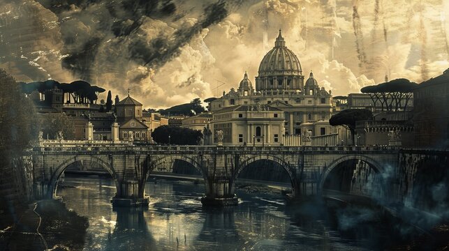 St Peter's Cathedral behind the Aelian Bridge, Rome, Italy 