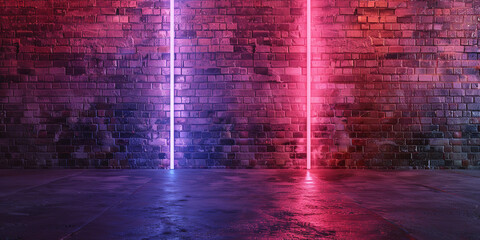 Naklejka premium A 3D rendering of modern futuristic neon lights illuminating an old, grungy brick wall room background