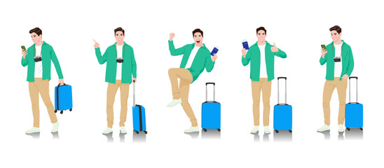 Young man tourist with camera and smartphone. Male in casual clothes with a suitcase, passport, and tickets. Young male traveler goes on a journey. Vector illustration set isolated on white