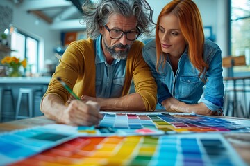 Fototapeta premium Couple Choosing Paint Colors For Home Renovation Project
