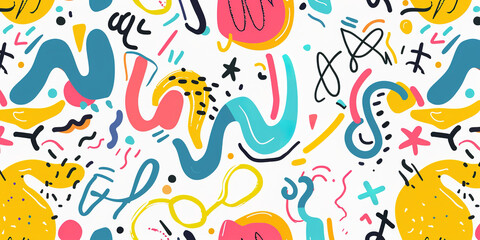 Fototapeta premium A fun, colorful line doodle seamless pattern featuring creative, minimalist art for children or trendy designs. Basic shapes and lively squiggles intertwine, resembling playful party confetti
