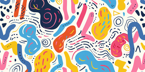 Obraz premium A fun, colorful line doodle seamless pattern featuring creative, minimalist art for children or trendy designs. Basic shapes and lively squiggles intertwine, resembling playful party confetti