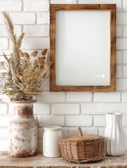 Wooden frame mockup and home decor on table in living room. Tiles bricks on background. Nordic, Scandinavian style.