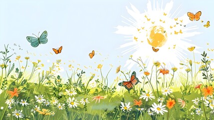 Vibrant Spring Meadow with Daisies and Butterflies in Sunshine Landscape