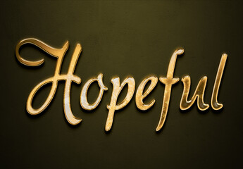 Old gold text effect of word Hopeful with 3D glossy style Mockup.