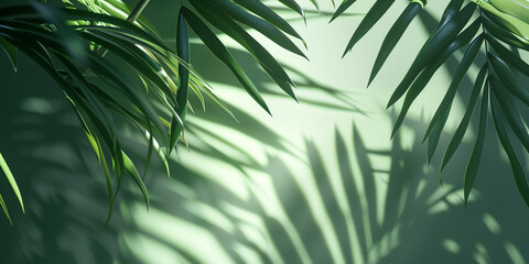 In a 3D render, a simple abstract green background is bathed in bright sunlight, casting a distinct palm leaf shadow