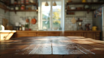 Wooden table top on blurred background. Perspective brown wooden table on blurred background in kitchen. Defocused interior of sun room.