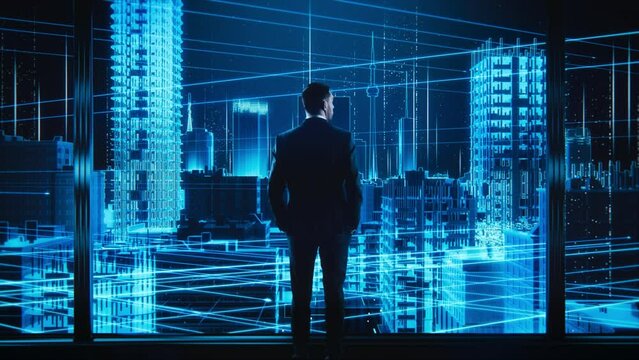 A Businessman Gazes at a Futuristic Cyber City From His Office, Immersed in a High-tech Digital Landscape. Technology, Innovation, and Future Cityscape Themes. - Powered by Adobe