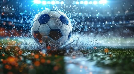 Naklejka premium A soccer ball hitting wet grass under bright stadium lights during a night game.