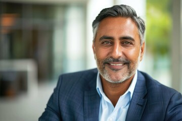 Obraz premium Headshot close up portrait of indian or latin confident mature good looking middle age leader, ceo male businessman on blur office background. Handsome hispanic senior business man smiling at camera.