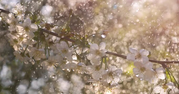 Cherry blossom period. Drops of spring rain fall on a cherry blossom. Shot on super slow motion camera 1000 fps.