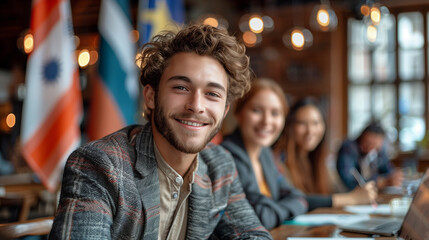 Obraz premium A young man with curly hair and a beard smiles brightly at the camera while sitting at international negotiations on alternative energy, with other people blurred in the background.