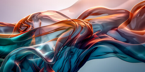 A digital artwork depicting a fluid and graceful dance of teal and copper silks, creating a sense of movement and fluidity