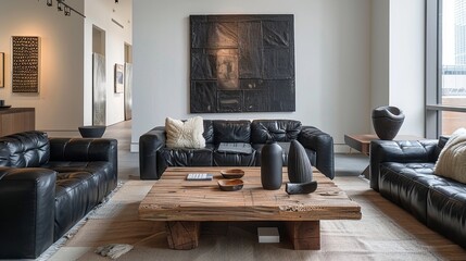 minimalist interior design, chic black leather sofas contrast with a rustic reclaimed wood coffee table minimalist artwork decorates the walls, balancing the clean, stylish look