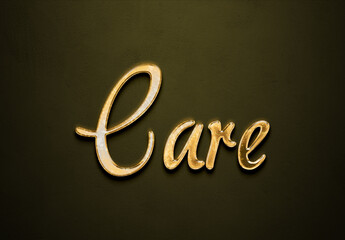 Old gold text effect of word Care with 3D glossy style Mockup.