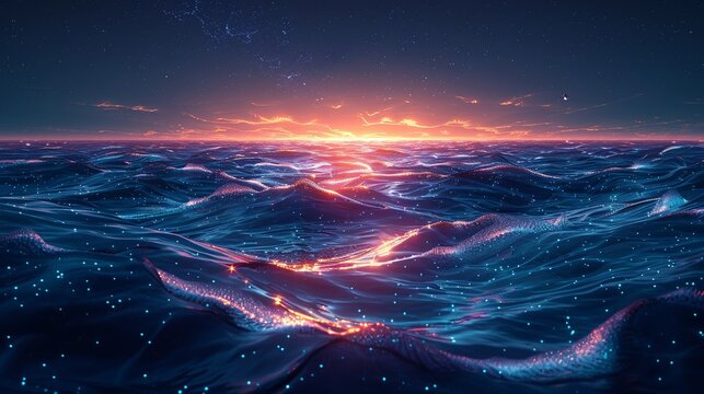 The surface of a vast, alien ocean ripples with the movements of colossal, bioluminescent sea creatures. Illustration, Minimalism,