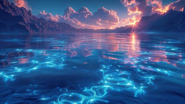 The surface of a vast, alien ocean ripples with the movements of colossal, bioluminescent sea creatures. Illustration, Minimalism,