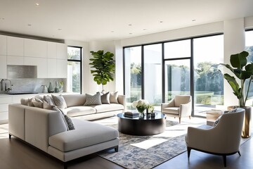 Fototapeta premium Natural light illuminating a modern living room with elegant neutral decor.