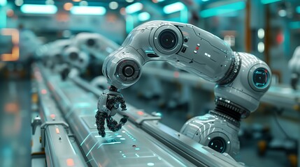 Fototapeta premium Robotic Arm Working on an Automated Assembly Line in a Modern Factory