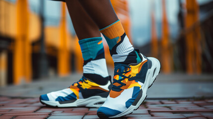 a person’s lower legs mid-walk, featuring colorful sneakers and patterned socks against a blurred urban background. dynamic motion and contemporary street fashion make this image intriguing. - Powered by Adobe