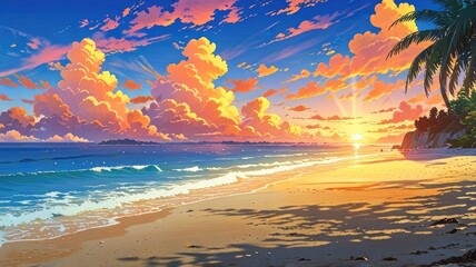 anime landscape depicting a calm beach scene in summer at dusk