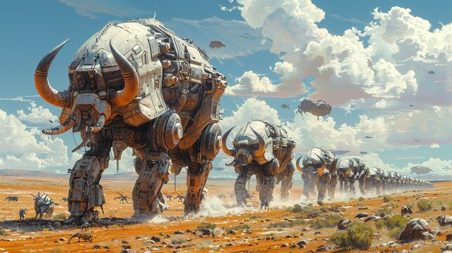 The ground trembles beneath your feet as a herd of colossal, armored behemoths stampedes across the alien plains. Illustration, Minimalism,