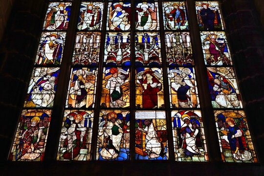NUREMBERG, GERMANY - MAY 8, 2018: Stained glass art in St. Lorenz Kirche (Saint Lawrence Church) in Nuremberg. The gothic landmark building belongs to the Evangelical Lutheran Church in Bavaria.