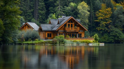 Fototapeta premium A beautiful house with wooden walls and roof, nestled in the middle of nature surrounded by trees on both sides, near an idyllic lake reflecting its image.
