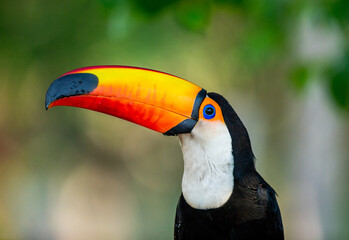 Portrait of Toco toucan (Ramphastos toco) with a big colored beak. Close-up. Brazil. Pantanal.
