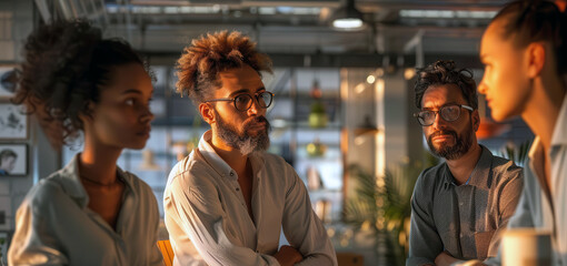 Obraz premium A diverse group of professionals engaging in a serious discussion in a modern office setting with warm lighting.