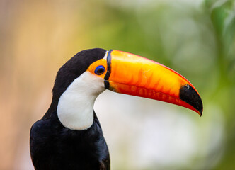 Fototapeta premium Portrait of Toco toucan (Ramphastos toco) with a big colored beak. Close-up. Brazil. Pantanal. 