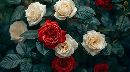 A bouquet of red and white roses, with the petals being more distinct in color than the green leaves that surround them.