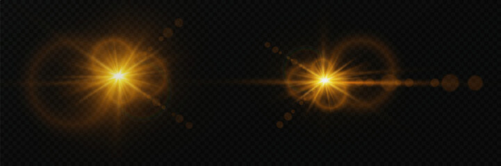 Sun glare of light. Set of luminous flares, explosion of stars, rays of light. On a transparent background.