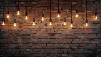 A brick wall with hanging light bulbs, creating an industrial and vintage atmosphere.