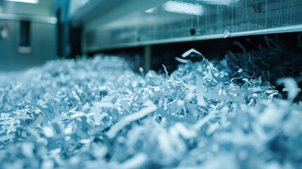 Large pile of shredded paper strips in an industrial shredding machine, representing document destruction and data security.