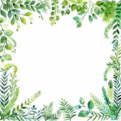 Tropical green leaves and branches form a watercolor hand-painted frame