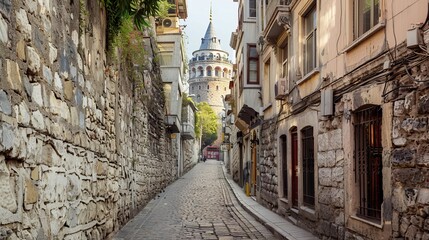 The walls of the narrow turkish street by the Galata Tower, Istanbul