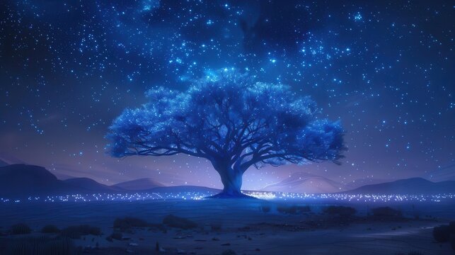 A majestic tree under a starry night sky, illuminated by magical, ethereal light. An enchanting and serene depiction of nature's beauty.