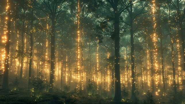 A dense forest of towering trees stretches as far as the eye can see, their bioluminescent leaves casting a soft glow over the alien landscape. Illustration, Minimalism,