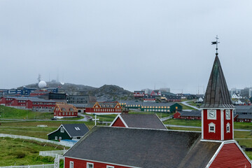 Nuuk Greenland city scape on a foggy rainy summer day