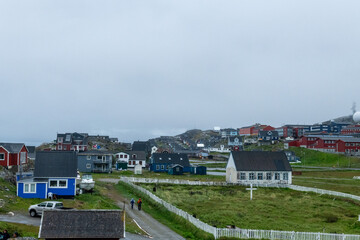 Nuuk Greenland city scape on a foggy rainy summer day