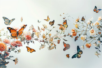 A captivating scene of a flock of butterflies fluttering among blooming flowers on a white background, illustrating the beauty and harmony of nature.