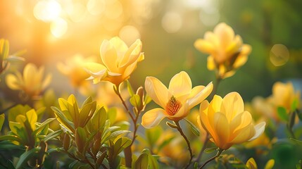 Yellow magnolia blossoms in full bloom, bathed in sunlight, set against the backdrop of an outdoor garden with other blooming flowers and greenery.